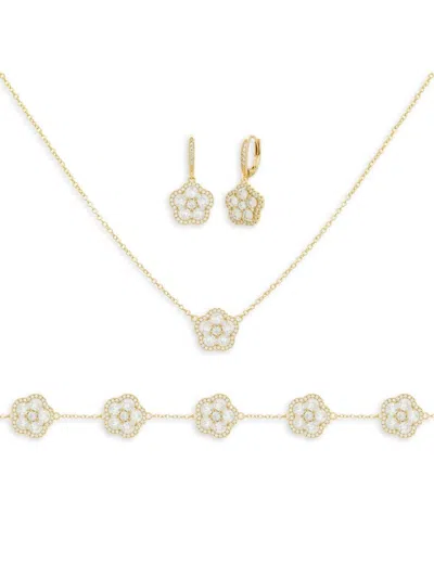 Jankuo Women's Flower 3-piece 14k Yellow Goldplated, Cubic Zirconia Pave, Drop Earrings, Bracelet &