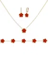Jankuo Women's Flower 3-piece 14k Yellow Goldplated, Cubic Zirconia, Synthetic Agate Bracelet, Drop In Dark Red