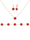 Jankuo Women's Flower 3-piece 14k Yellow Goldplated, Cubic Zirconia, Synthetic Agate Bracelet, Drop In Bright Red