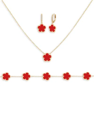 JANKUO JANKUO WOMEN'S FLOWER 3-PIECE 14K YELLOW GOLDPLATED, CUBIC ZIRCONIA, SYNTHETIC CORAL BRACELET, DROP 