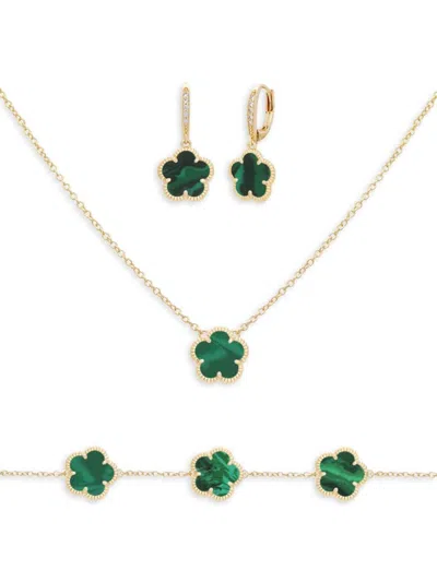 Jankuo Women's Flower 3-piece 14k Yellow Goldplated, Cubic Zirconia, Synthetic Emerald Bracelet, Dro In Green