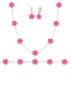 Jankuo Women's Flower 3-piece 14k Yellow Goldplated, Cubic Zirconia, Synthetic Fuchsia Color Stone, In Hot Pink