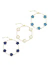 Jankuo Women's Flower 3-piece Mother Of Pearl, Blue Agate & Synthetic Dark Sapphire Color Stone Brac In Yellow Goldtone