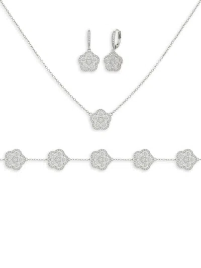 Jankuo Women's Flower 3-piece Rhodium-plated, Cubic Zirconia Pave, Drop Earrings, Bracelet & Pendant In Silver