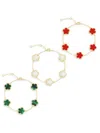 Jankuo Women's Flower 3-piece Synthetic Emerald, Mother Of Pearl & Synthetic Coral Color Stone Brace In Yellow Goldtone