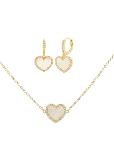 Jankuo Women's Heart 2-piece 14k Goldplated, Mother Of Pearl & Cubic Zirconia Pendant Necklace & Earrings S In Brass