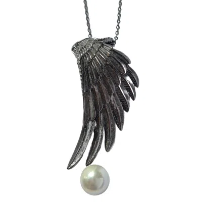 Janus Edinburgh Women's Alata Large Guardian Angel Wing Oxidised Black Silver Necklace