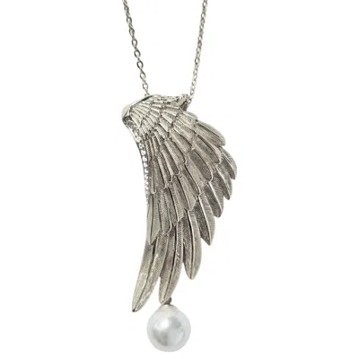 Janus Edinburgh Women's Alata Large Guardian Angel Wing Sterling Silver Necklace In Metallic