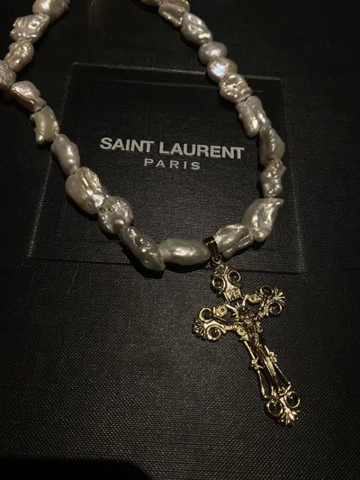 Pre-owned Japanese Brand Freshwater Baroque Pearls Gold Cross Necklace In White