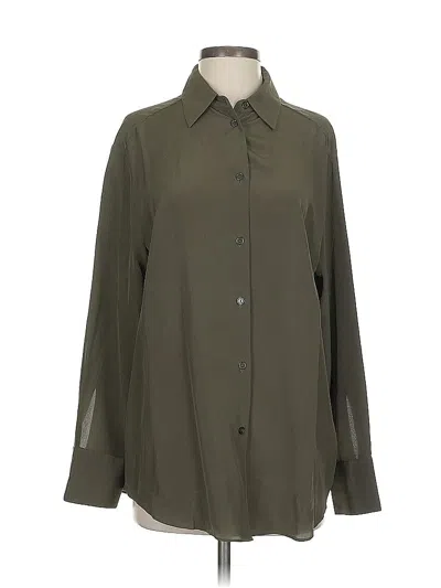 Pre-owned Jarbo Long Sleeve Silk Top Green Solid Pattern Mock Neckline Tops