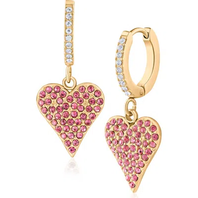 Jardin Crystal Heart Huggie Hoop Earrings In Pink/ Clear Gold