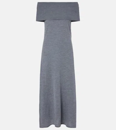 Jardin Des Orangers Off-shoulder Virgin Wool Maxi Dress In Gray