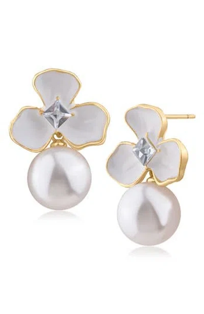 Jardin Enamel Flower Faux Pearl Drop Earrings In Gray