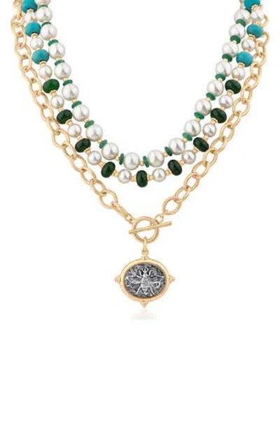 Jardin Faux Pearl & Stone Beaded Toggle Charm Necklace In Gold