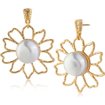Jardin Faux Pearl Flower Drop Earrings In White/gold