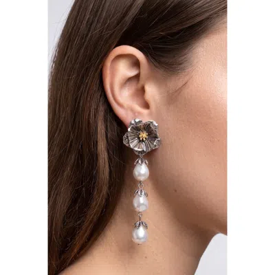 Jardin Floral Faux Pearl Drop Earrings In White/ Black Rhodium