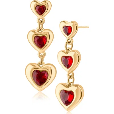 Jardin Graduated Triple Crystal Heart Drop Earrings In Red/ Gold