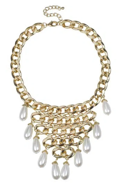 Jardin Imitation Pearl Chain Bib Necklace In White/gold