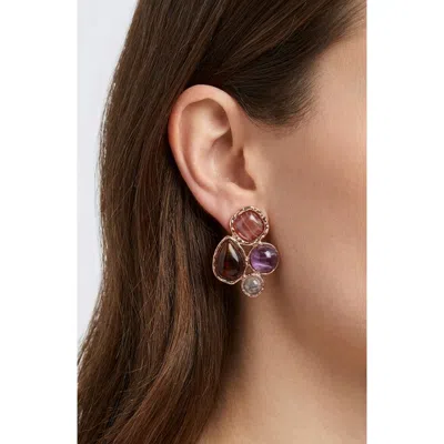 Jardin Mixed Stone Cabochon Drop Earrings In Brown/ Gold