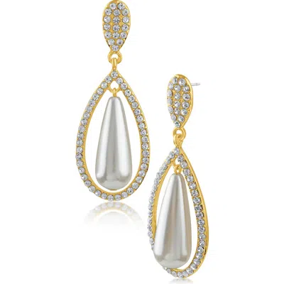 Jardin Pavé Crystal Imitation Pearl Teardrop Earrings In White/clear/gold