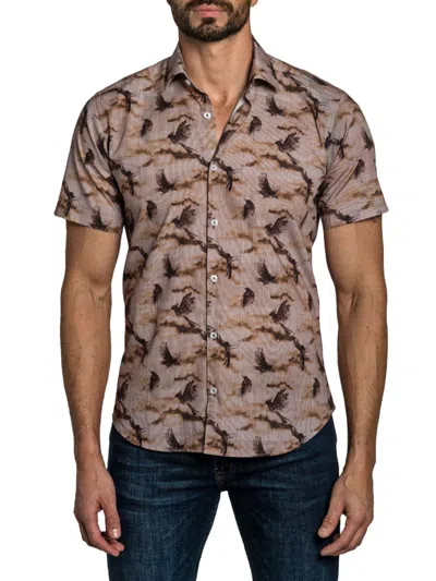 Jared Lang Men's Bird Print Short Sleeve Button Down Shirt In Brown