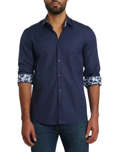 Jared Lang Men's Trim Fit Contrast Cuff Pima Cotton Sport Shirt In Dark Blue