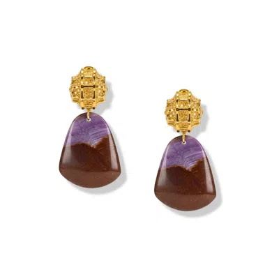 Jaredjamin Women's Brown / Gold / Purple Honeycomb Clip On Earrings With Jasper