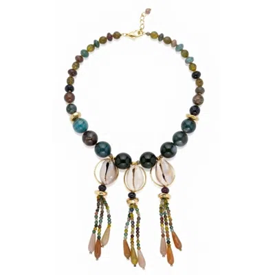Jaredjamin Women's Marina Natural Cowrie Shell Statement Necklace In Green/orange/yellow
