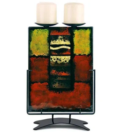 Jasmine Art Glass Glass Candelabra In Red,yellow,brown