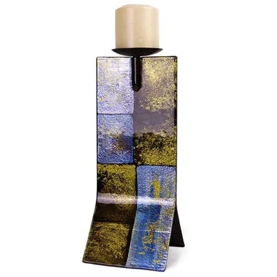 Jasmine Art Glass Glass Candlestick In Blue,gold,black