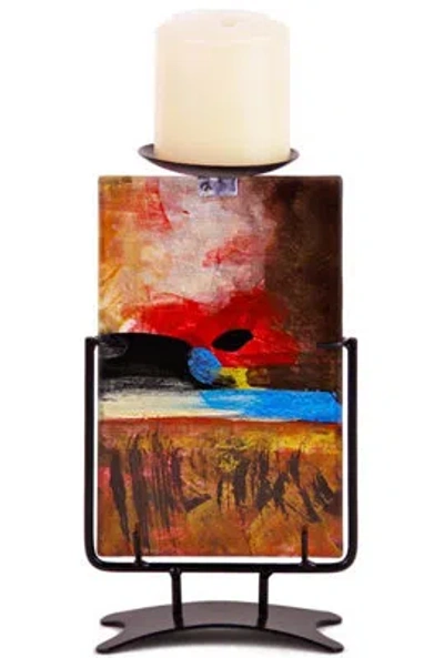 Jasmine Art Glass Glass Candlestick In Red,brown,black