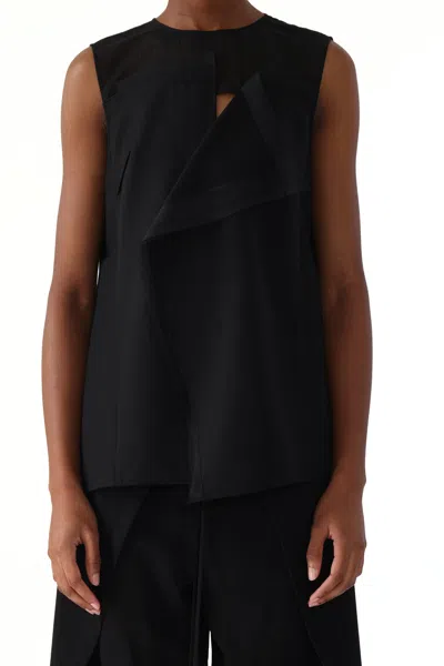 Jason Wu Asymmetrical Drape Slub Suiting Top With Combo Gauze Yoke In Black
