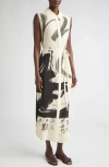 Jason Wu Collection Pleated Sleeveless Maxi Shirtdress With Artwork By Tong In Calico/black