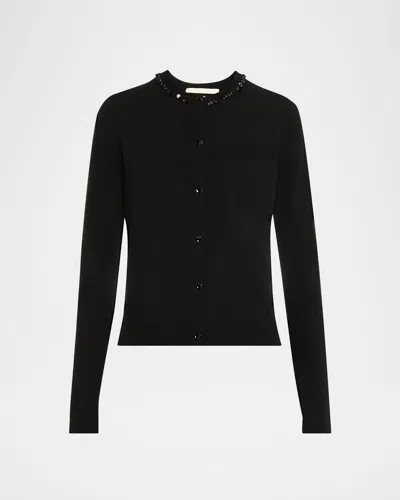 Jason Wu Collection Beaded Satin & Merino Wool Cardigan In Black