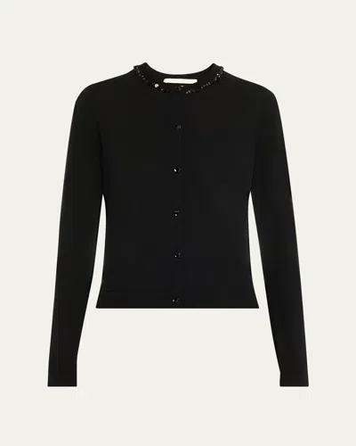 Jason Wu Collection Beaded Satin & Merino Wool Cardigan In Black