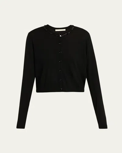 Jason Wu Collection Beaded Satin-back Wool Cardigan In Black