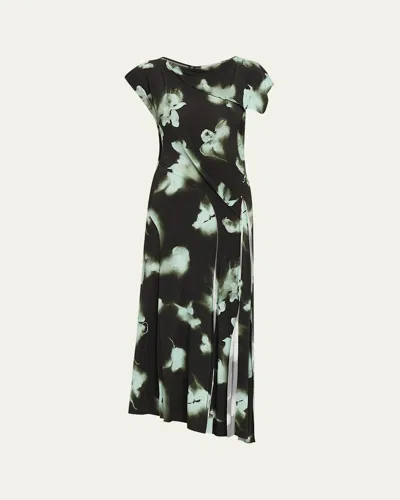 Jason Wu Collection Blurred Floral Asymmetric Paneled Midi Dress In Black