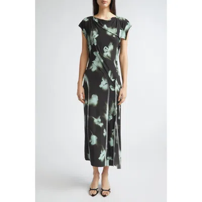 Jason Wu Collection Blurred Floral Print Draped Jersey Dress In Black
