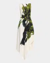 Jason Wu Collection Brushstroke Boatneck Fit-flare Crepe Dress In Chalk Olive Multi