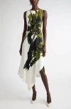 Jason Wu Collection Brushstroke Boatneck Fit-flare Crepe Dress In Chalk/olive Multi