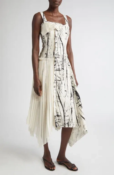Jason Wu Collection Brushstroke Print Asymmetric Frayed Jacquard Dress In Calico/black