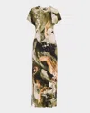 Jason Wu Collection Brushstroke Print Cap Sleeve Jersey Midi Dress In Olive Apricot Multi