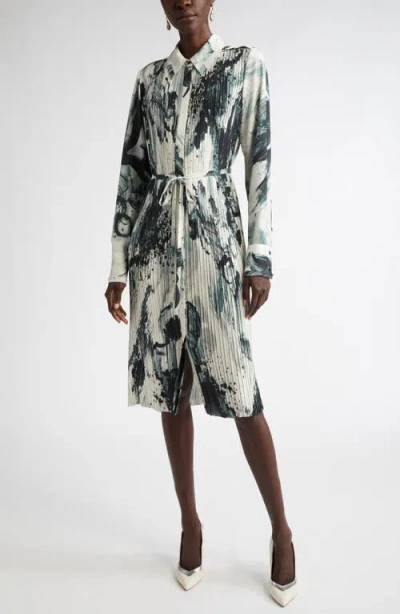 Jason Wu Collection Brushstroke Print Long Sleeve Pleated Georgette Shirtdress In Black