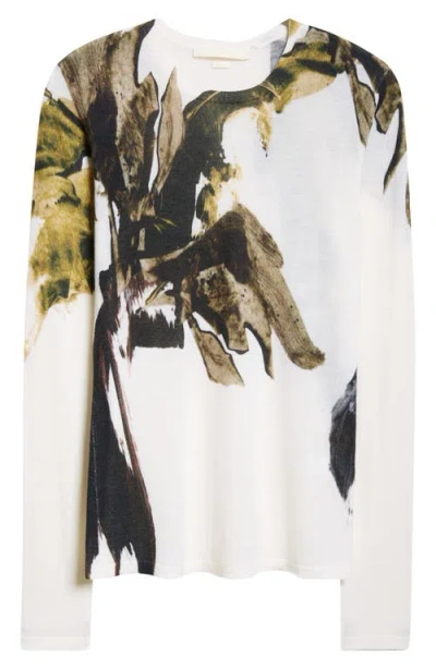 Jason Wu Collection Brushstroke Print Merino Wool Crewneck Sweater In Chalk Olive Multi