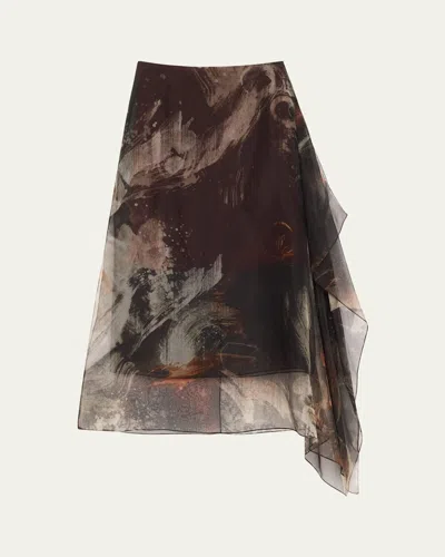 Jason Wu Collection Brushstroke Print Silk Organza Skirt In Charcoal Rust Multi