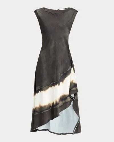 JASON WU COLLECTION BURNED STRIPE CRINKLED SATIN ASYMMETRIC MIDI DRESS