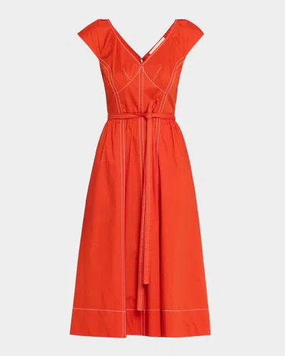 Jason Wu Collection Cap-sleeve V-neck Belted Bustier Midi Dress In Red