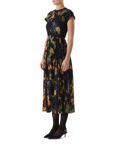 Jason Wu Collection Shadow Floral Pleated Crepe De Chine Midi Dress In Black
