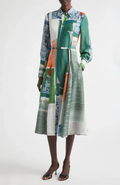 Jason Wu Collection Collage Print Belted Long Sleeve Sandwashed Silk Shirtdress In Green