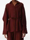 Jason Wu Collection Belted Crinkled Satin Oversized Button Up Shirt In Red